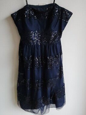 Monique Lhuillier Dark Blue Sequin Strapless Midi Cocktail Dress - Sz 8